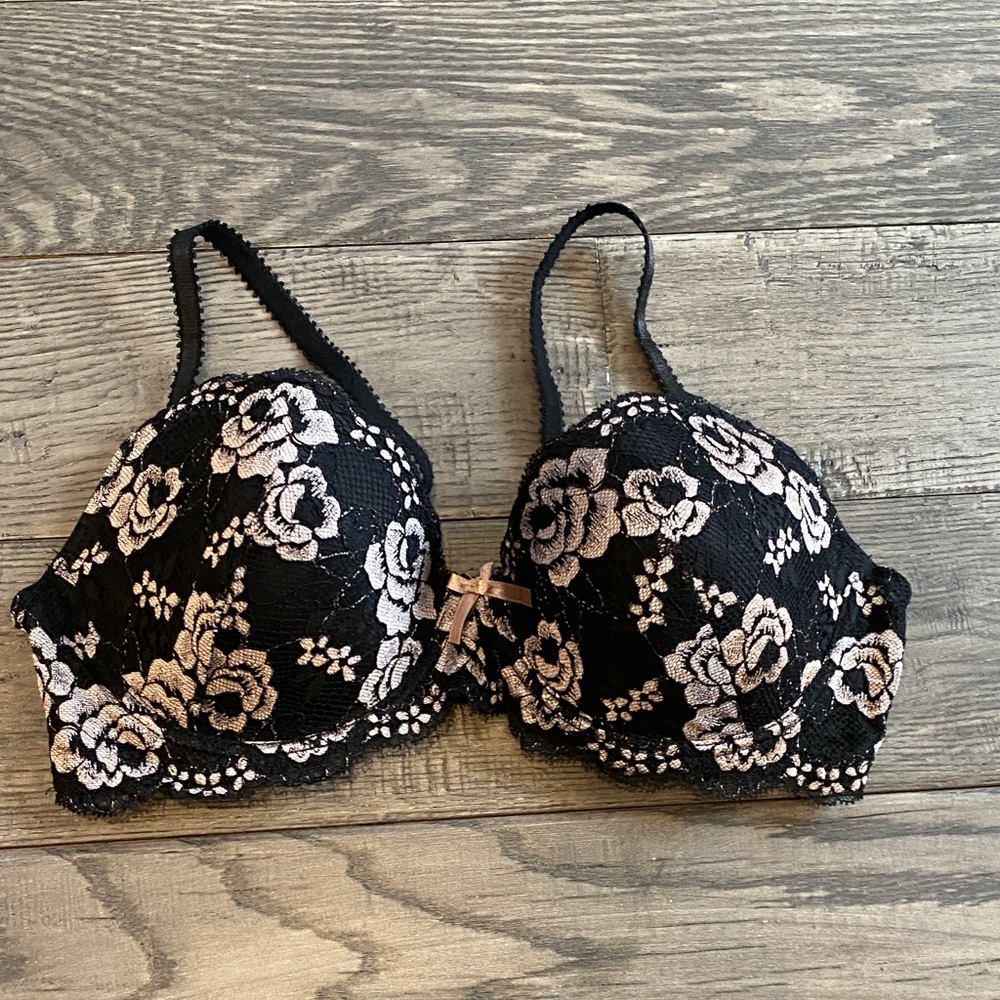 Felina Black and Cream Floral Lace Bra
